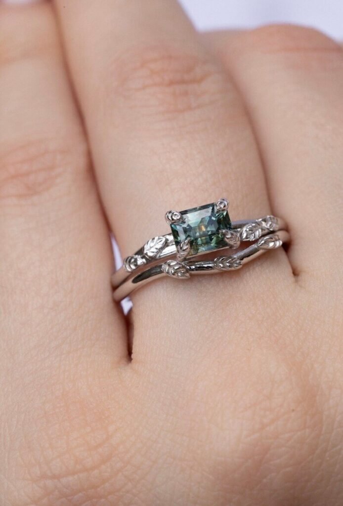 925 Sterling Silver Teal Green Sapphire Leaf Engagement Ring Set