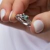 925 Sterling Silver Teal Green Sapphire Leaf Engagement Ring Set - Image 3