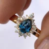 925 Sterling Silver Teal Montana Sapphire and Diamond Engagement Ring Set