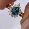 925 Sterling Silver Teal Montana Sapphire and Diamond Engagement Ring Set - Image 2