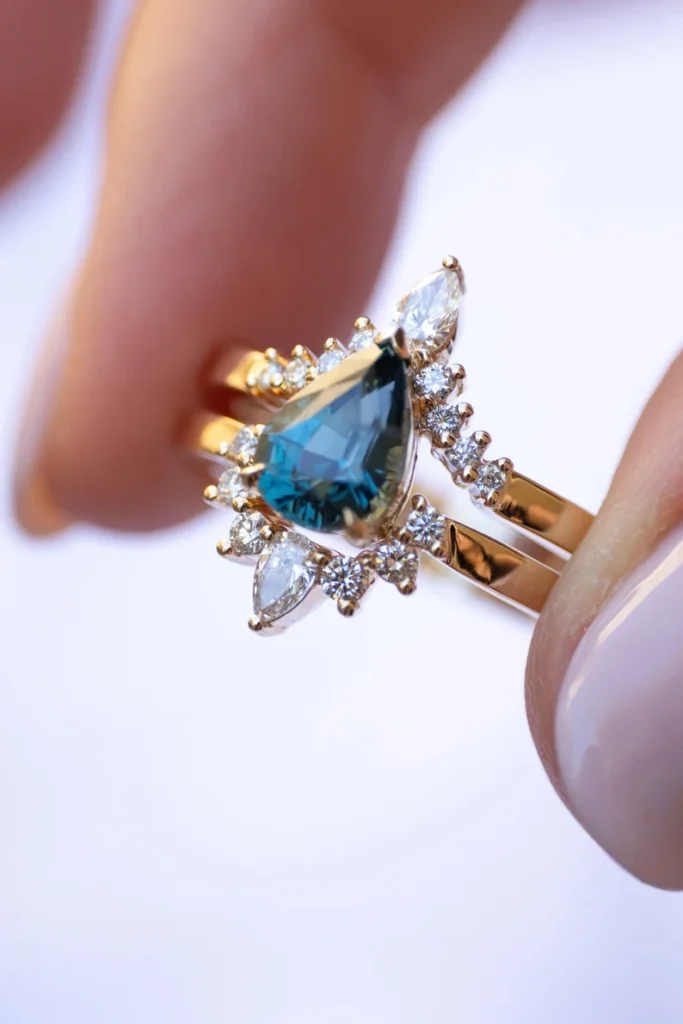 925 Sterling Silver Teal Sapphire Engagement Ring With Diamonds
