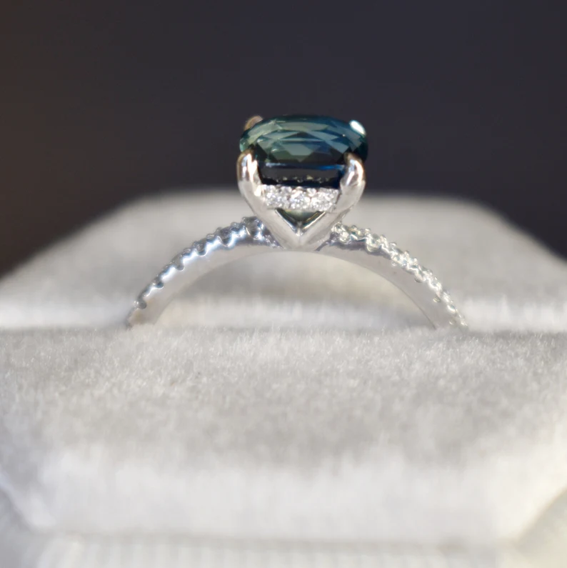 925 Sterling Silver Teal Sapphire Hidden Halo Diamond Engagement Ring
