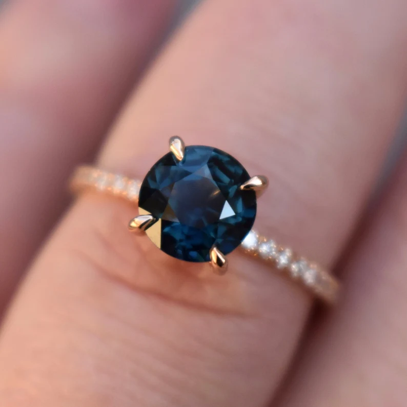 925 Sterling Silver Teal Sapphire Hidden Halo Diamond Engagement Ring