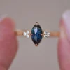 925 Sterling Silver Teal Sapphire Marquise Engagement Ring