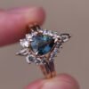 925 Sterling Silver Teal Sapphire Ring Set Salt and Pepper Diamonds - Image 3