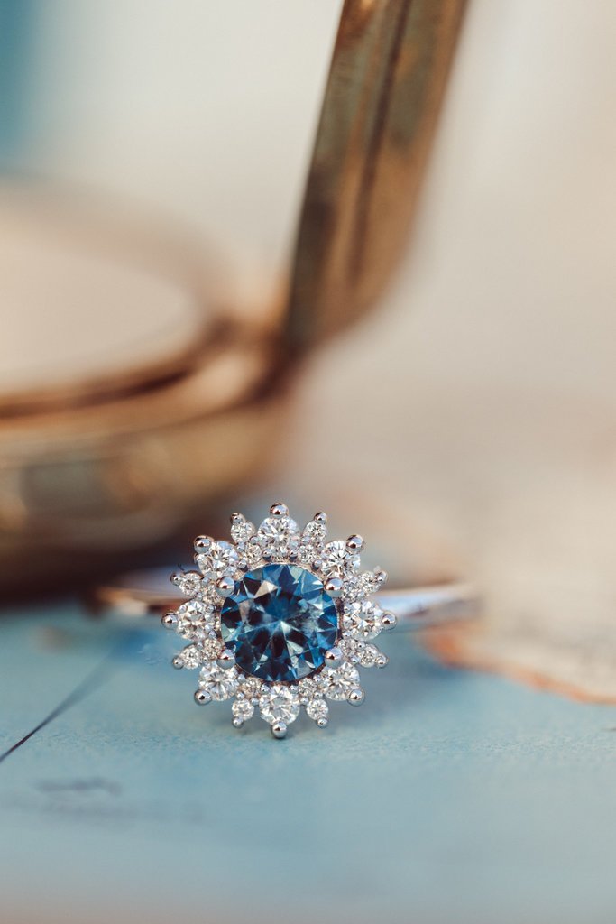 925 Sterling Silver The Seine .84 ct Round Blue Montana Sapphire with .31 ct Halo Ring