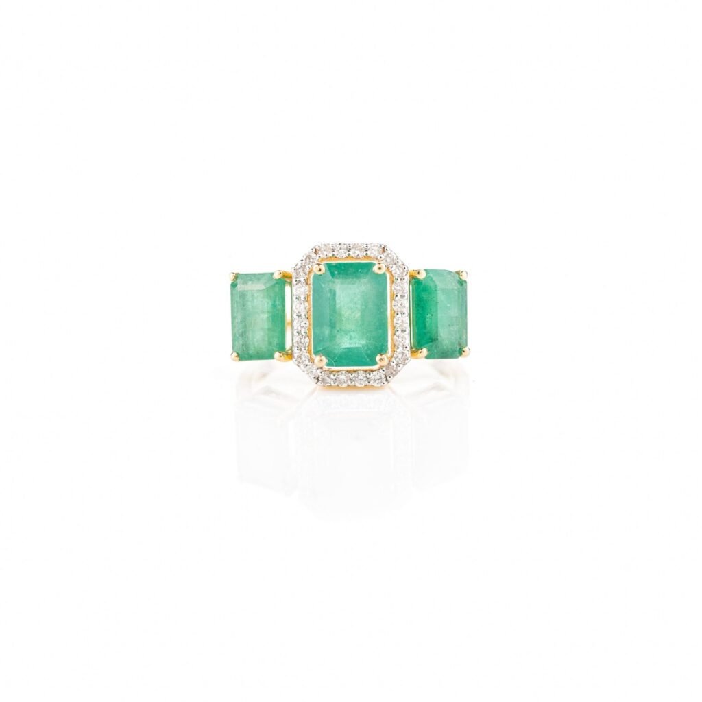 925 Sterling Silver Three Stone Emerald Diamond Ring