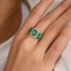 925 Sterling Silver Three Stone Emerald Diamond Ring - Image 2