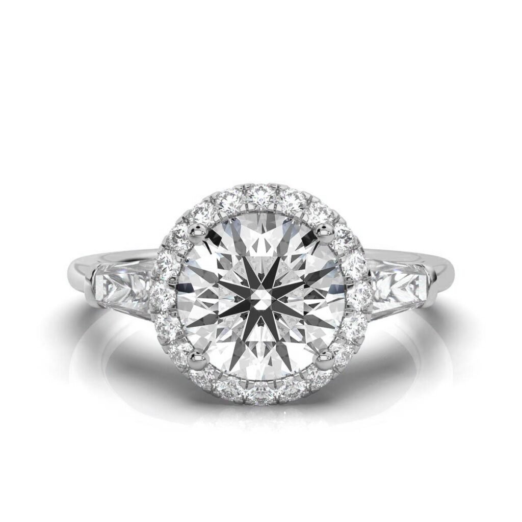 925 Sterling Silver Three Stone Halo Baguette Diamond Ring