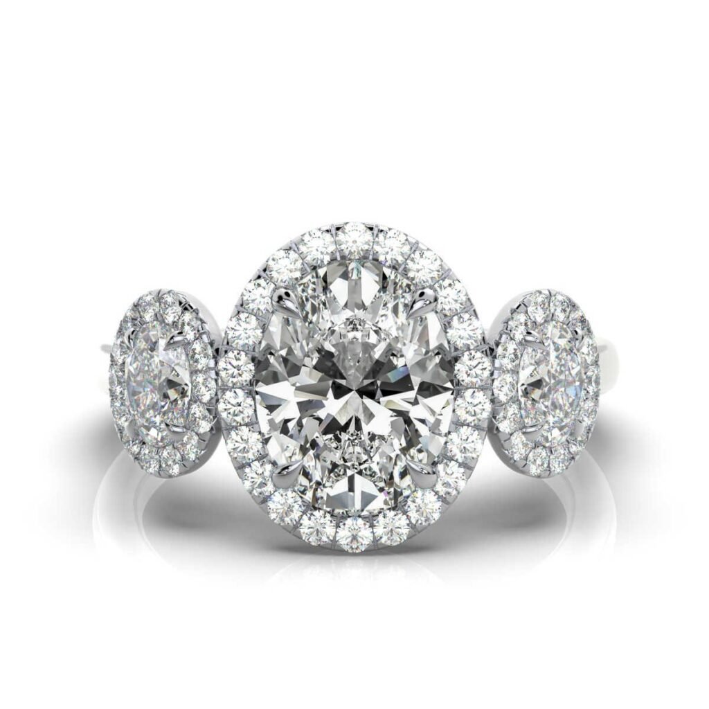 925 Sterling Silver Three Stone Halo Diamond Ring