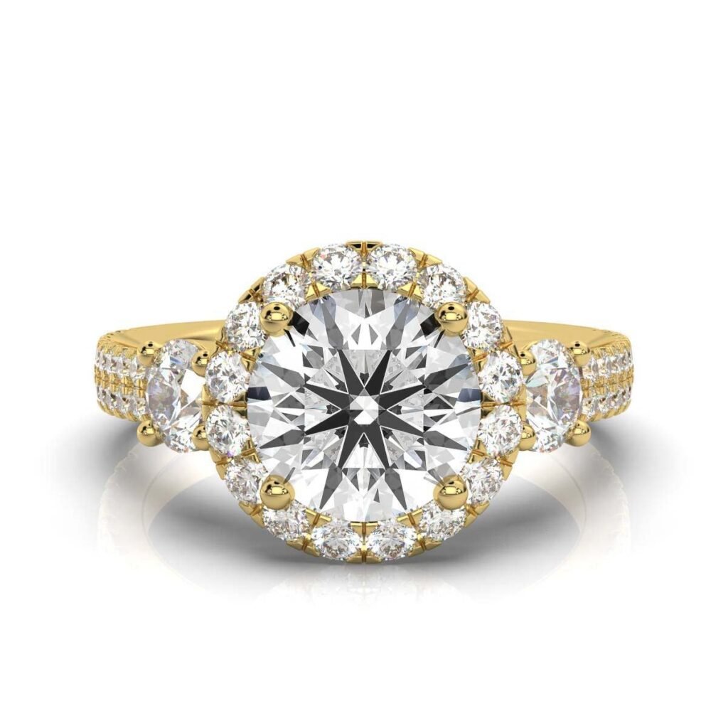 925 Sterling Silver Three Stone Halo Round Diamond Ring