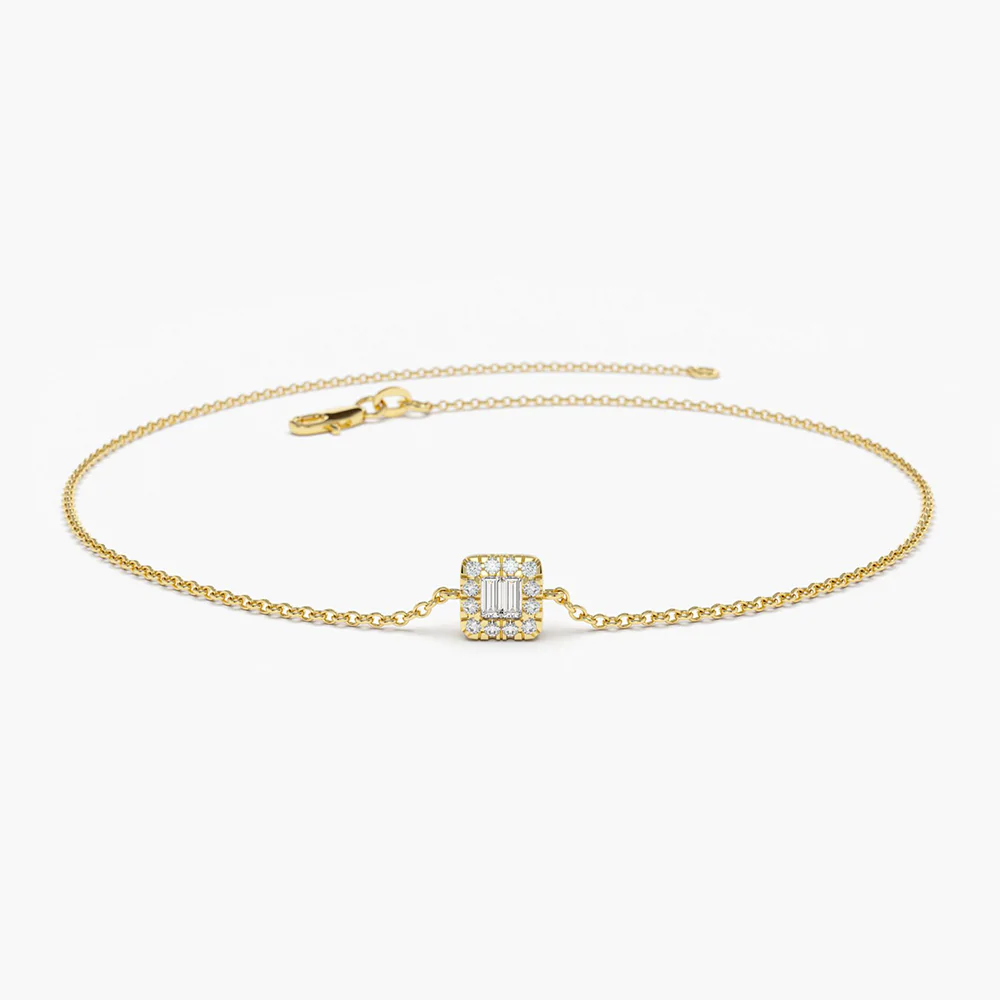 925 Sterling Silver Tiny Baguette and Round Diamond Station Bracelet