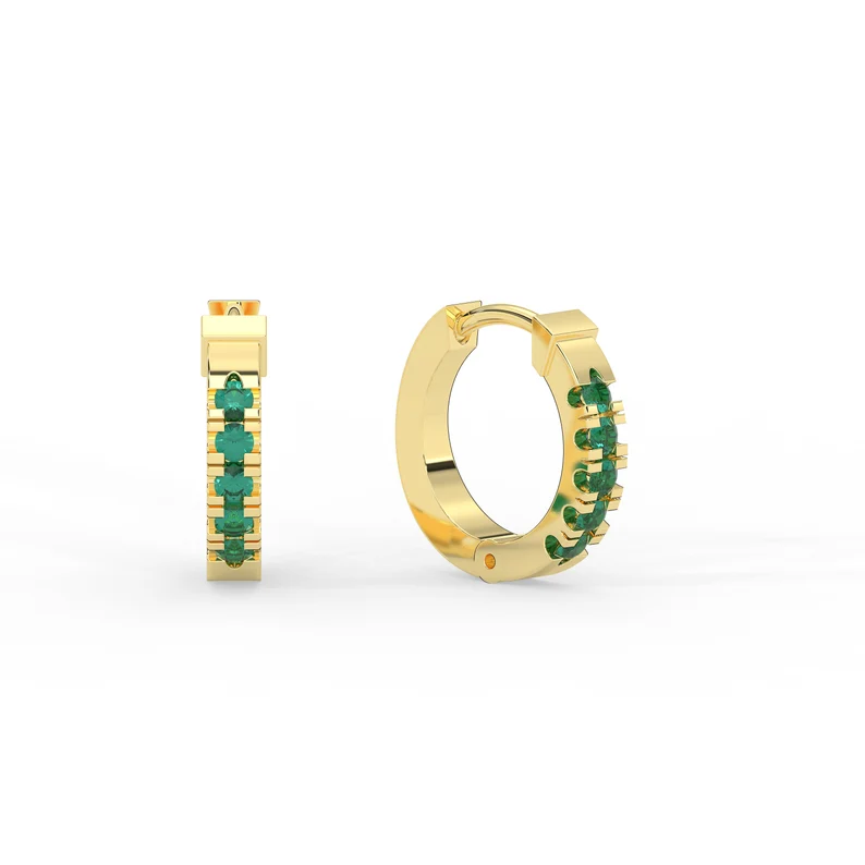 925 Sterling Silver Tiny Hoop Emerald Earrings