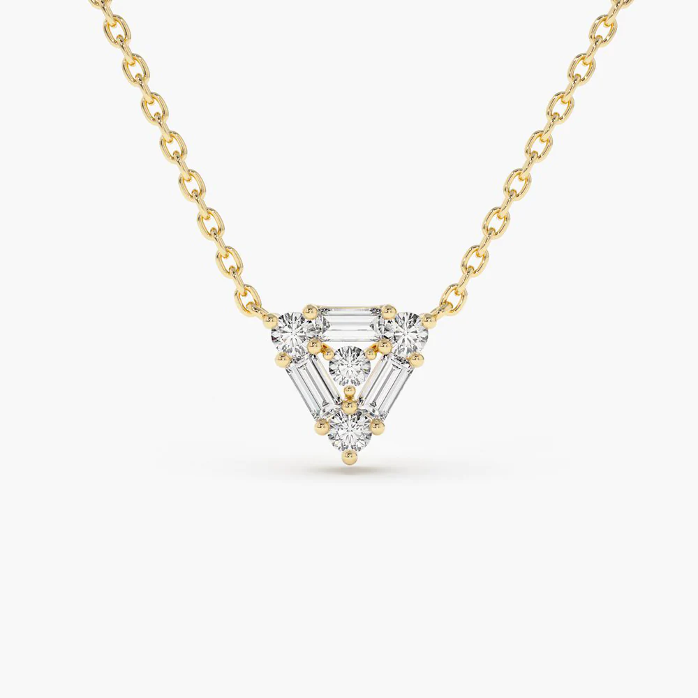 925 Sterling Silver Triangle Shaped Round and Baguette Diamond Necklace