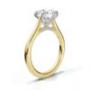 Delicate engagement ring with 14 round-cut stones along the band