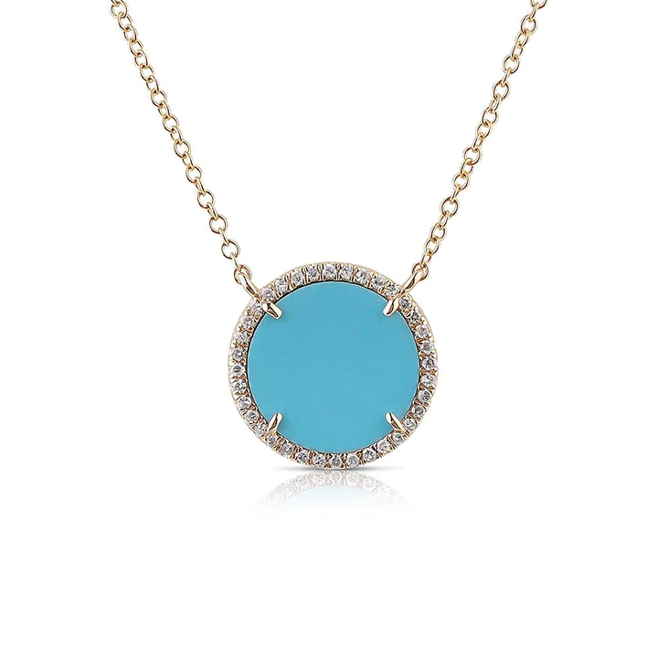 925 Sterling Silver Turquoise And Diamond Round Necklace