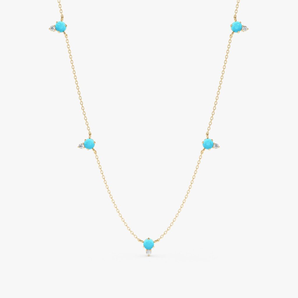 925 Sterling Silver Turquoise Diamond Station Necklace