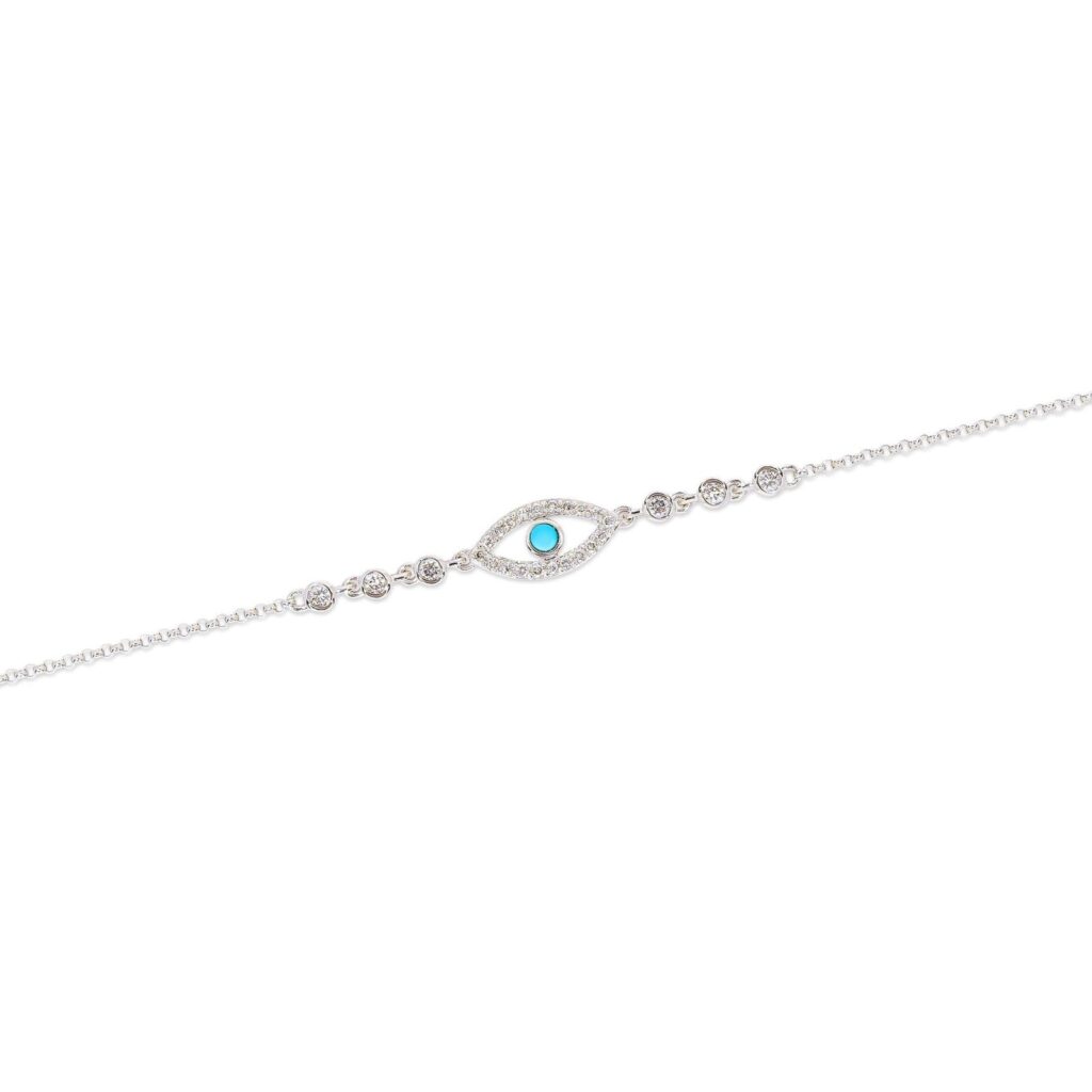 925 Sterling Silver Turquoise Evil Eye Diamond Bezel Bracelet