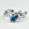 925 Sterling Silver Twig Leaf Engagement Ring Set With Teal Blue Montana Sapphire