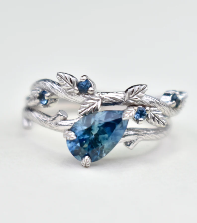 925 Sterling Silver Twig Leaf Engagement Ring Set With Teal Blue Montana Sapphire