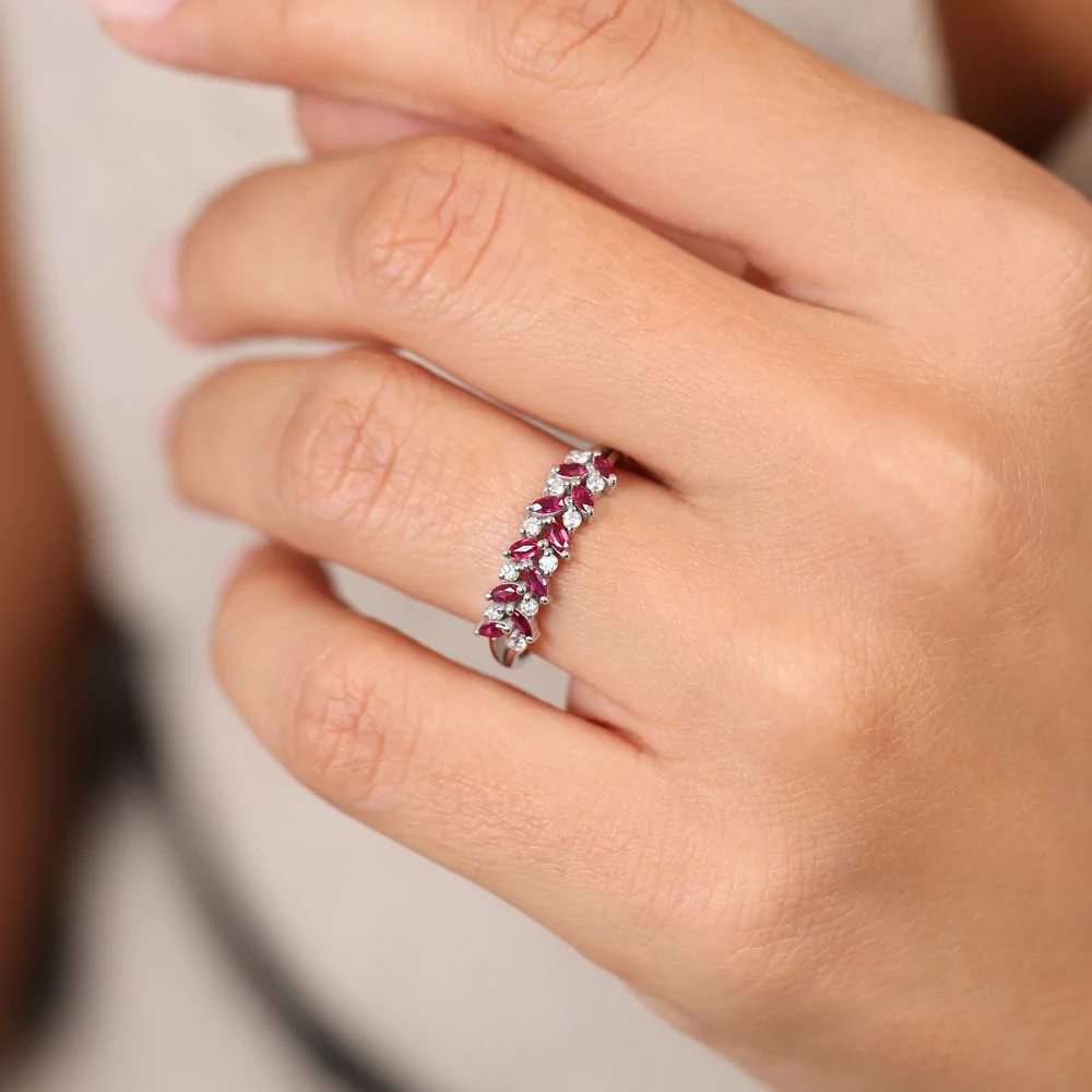 925 Sterling Silver Two Rows Marquise Cut Ruby and Diamond Ring