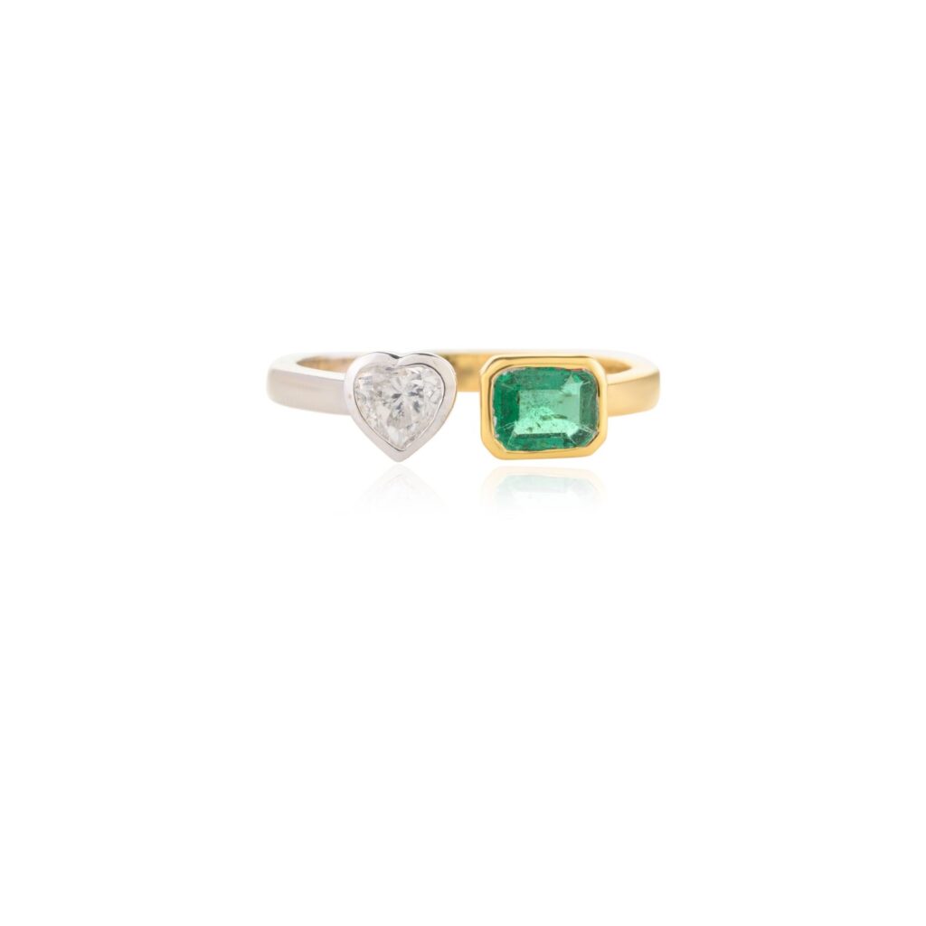 925 Sterling Silver Two Stone Emerald & Diamond Ring