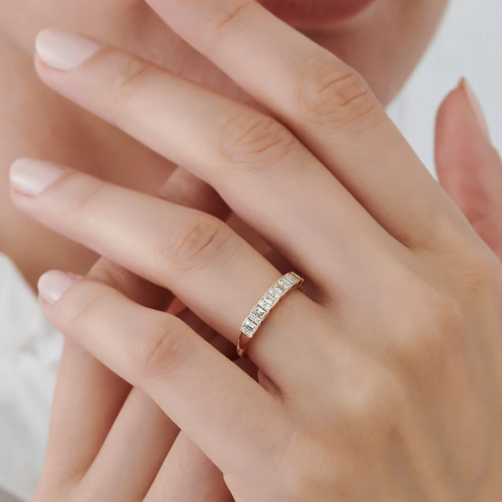 925 Sterling Silver Vertical Baguette and Round Diamond Wedding Band