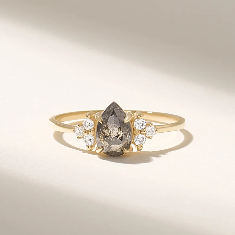 925 Sterling Silver Vintage Pear Salt and Pepper Diamond Engagement Ring, 925 Sterling Silver Ring