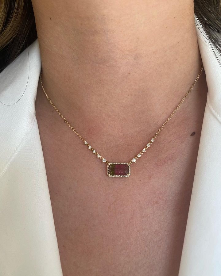 925 Sterling Silver Watermelon Tourmaline Diamond Necklace