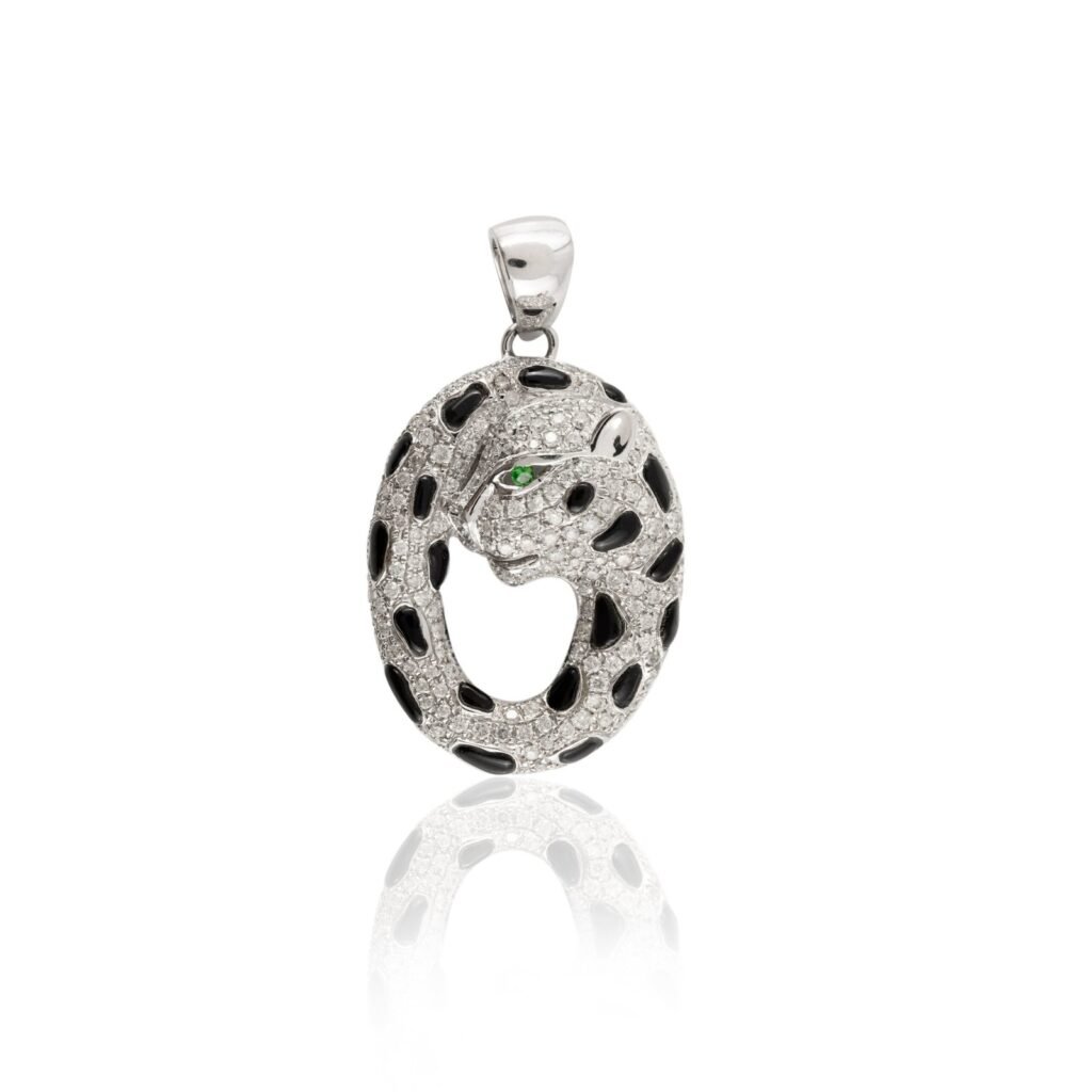 925 Sterling Silver White 925 Sterling Silver Panther Diamond Onyx Pendant