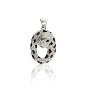 925 Sterling Silver White 925 Sterling Silver Panther Diamond Onyx Pendant