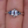 925 Sterling Silver White Sapphire Hexagon Ring With Blue Montana Sapphires