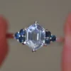 925 Sterling Silver White Sapphire Hexagon Ring With Blue Montana Sapphires - Image 3