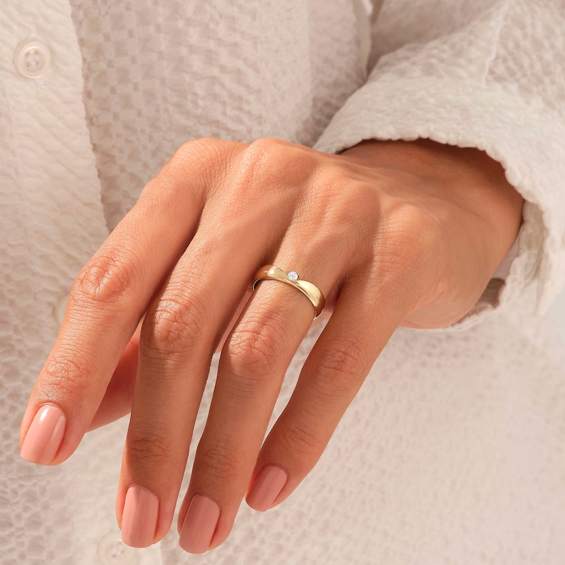 925 Sterling Silver Wishbone Solo Diamond Wedding Band: Minimalist Anniversary Ring