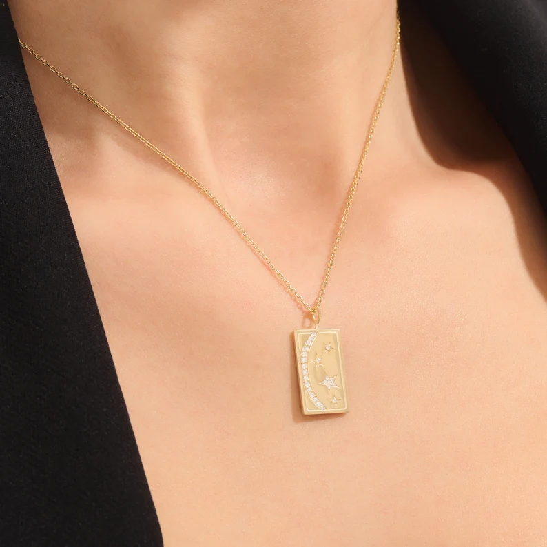 925 Sterling Silver Yellow 925 Sterling Silver Moon and Stars Rectangle Charm Necklace: Moon Pendant