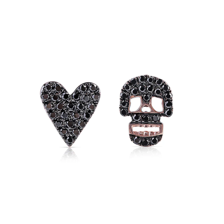 Black Diamond Skull And Heart Earrings