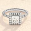 Cushion cut halo solitaire ring with bright D colour look