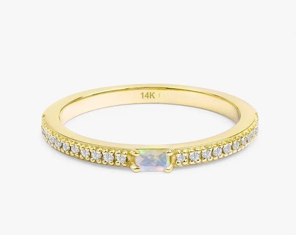 925 Sterling Silver Diamond and Baguette Opal Ring
