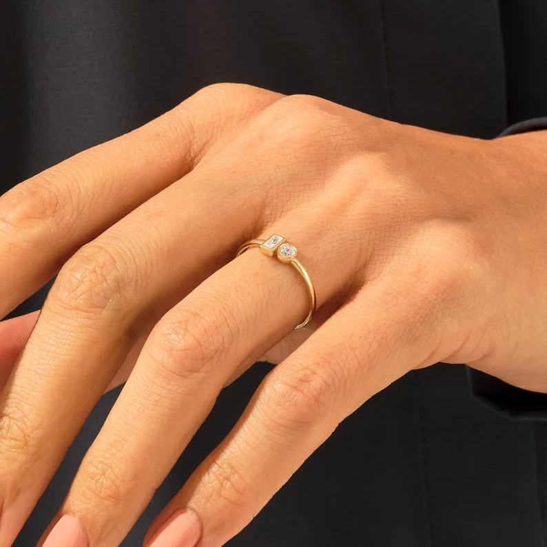 Diamond Baguette Round Ring | 925 Sterling Silvert Mixed Cut Engagement Ring | You and Me Ring