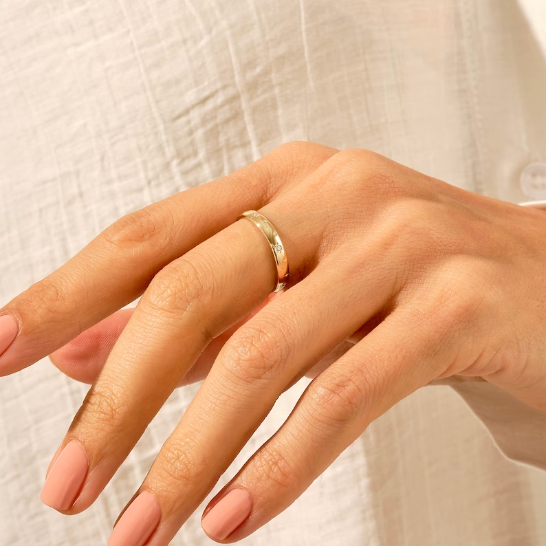 Diamond Starburst Wedding Band, 925 Sterling Silver Dainty Celestial Ring for Women
