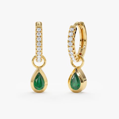 Pear-Cut Emerald & Diamond Charm Huggies