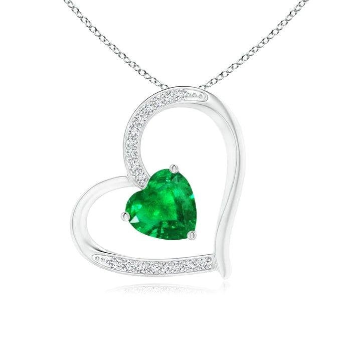 925 Sterling Silver 1.09CT. Heart Shaped Emerald and White Sapphire Heart Pendant