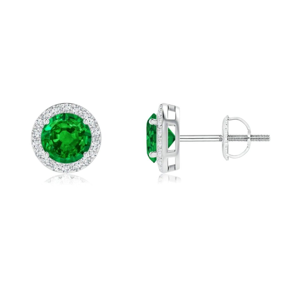 925 Sterling Silver 1.18CT. Emerald and Pave Halo Diamond Stud Earrings