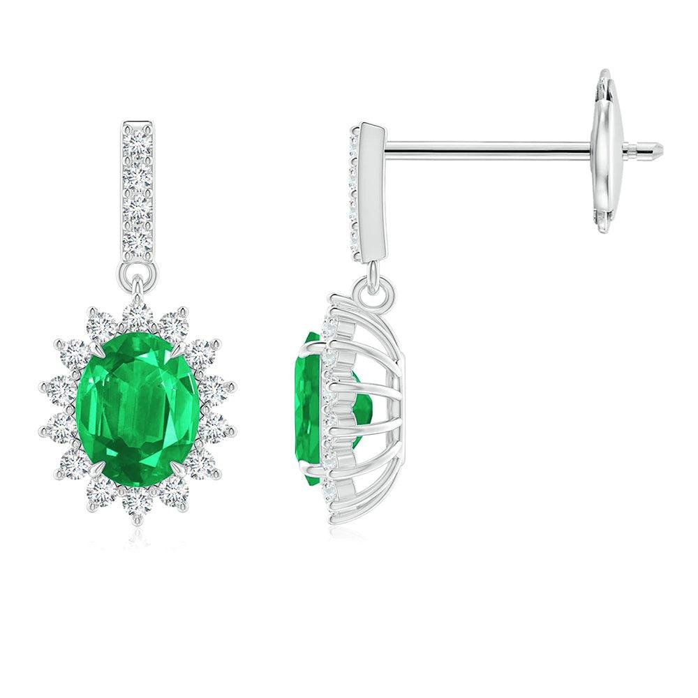 925 Sterling Silver 1.18CT. Emerald Dangle Earrings Floral Pave Halo Diamond