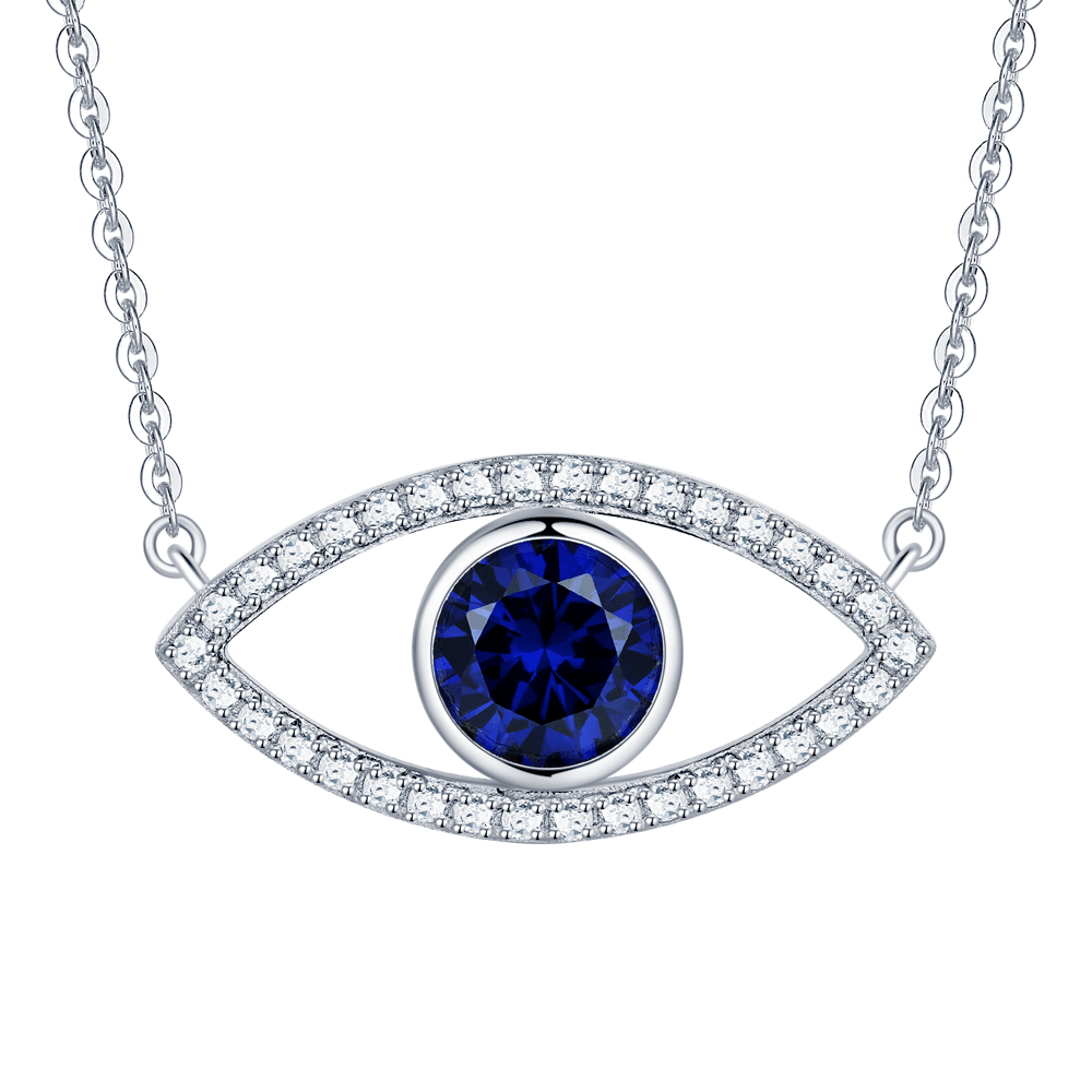 925 Sterling Silver 1.28CT. Blue Sapphire and White Sapphire Evil Eye Necklace