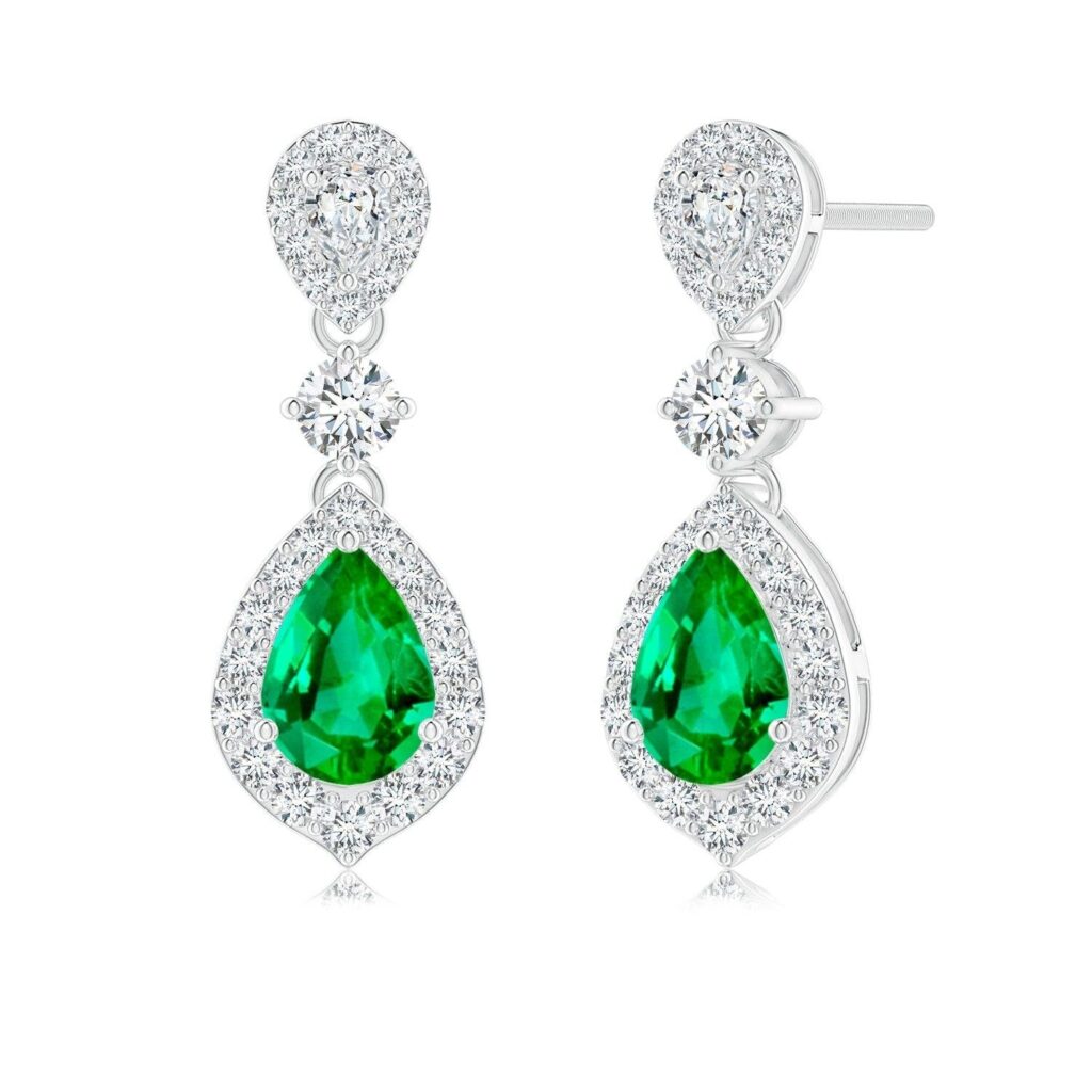 925 Sterling Silver 1.55CT. Pear Emerald Diamond Drop Earrings Pave Halo
