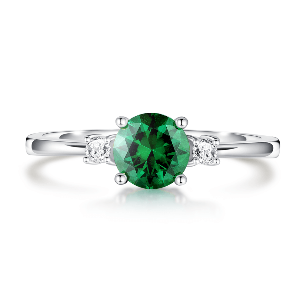 925 Sterling Silver 1.5CT. Classic Three Stone Emerald and White Sapphire Ring