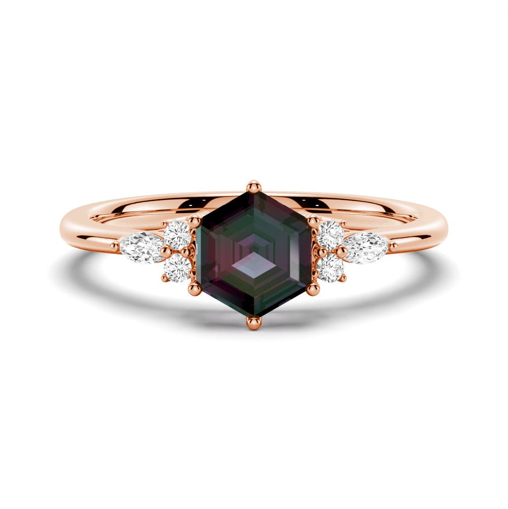 925 Sterling Silver 1.5CT. Hexagon Cut Unique Alexandrite Engagement Diamond Ring Accents