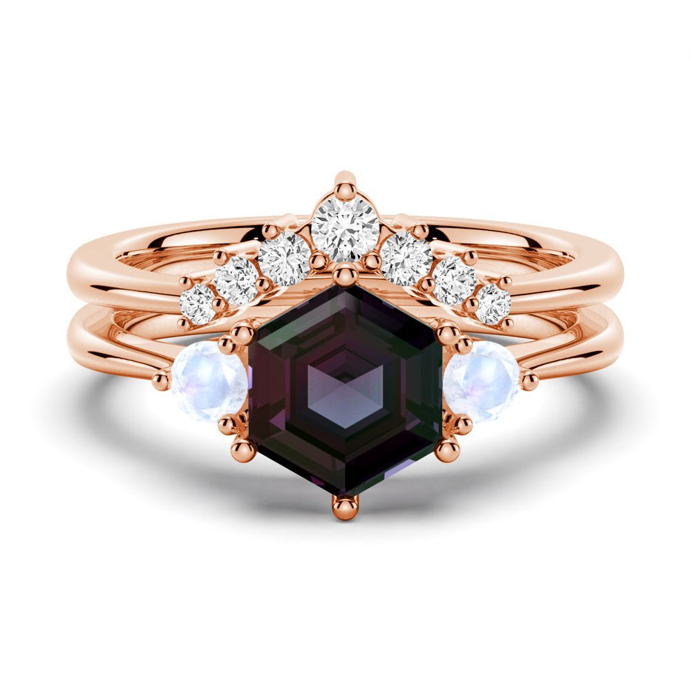 925 Sterling Silver 1.5CT. Hexagon Cut Unique Alexandrite Moonstone Three Stone Engagement Ring Set