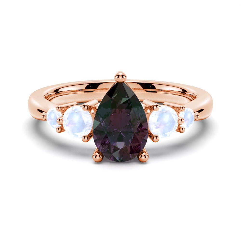 925 Sterling Silver 1.5CT. Pear Shaped Alexandrite Engagement Ring Moonstone Accents